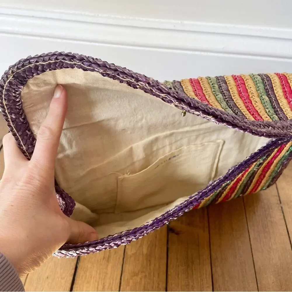 Vintage 80s Rainbow Striped Raffia Straw Envelope Clutch